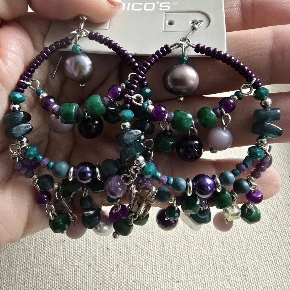 NWT Chico's Declan Green Purple Beaded‎ Chandelier Hoop Earrings Boho Statement
